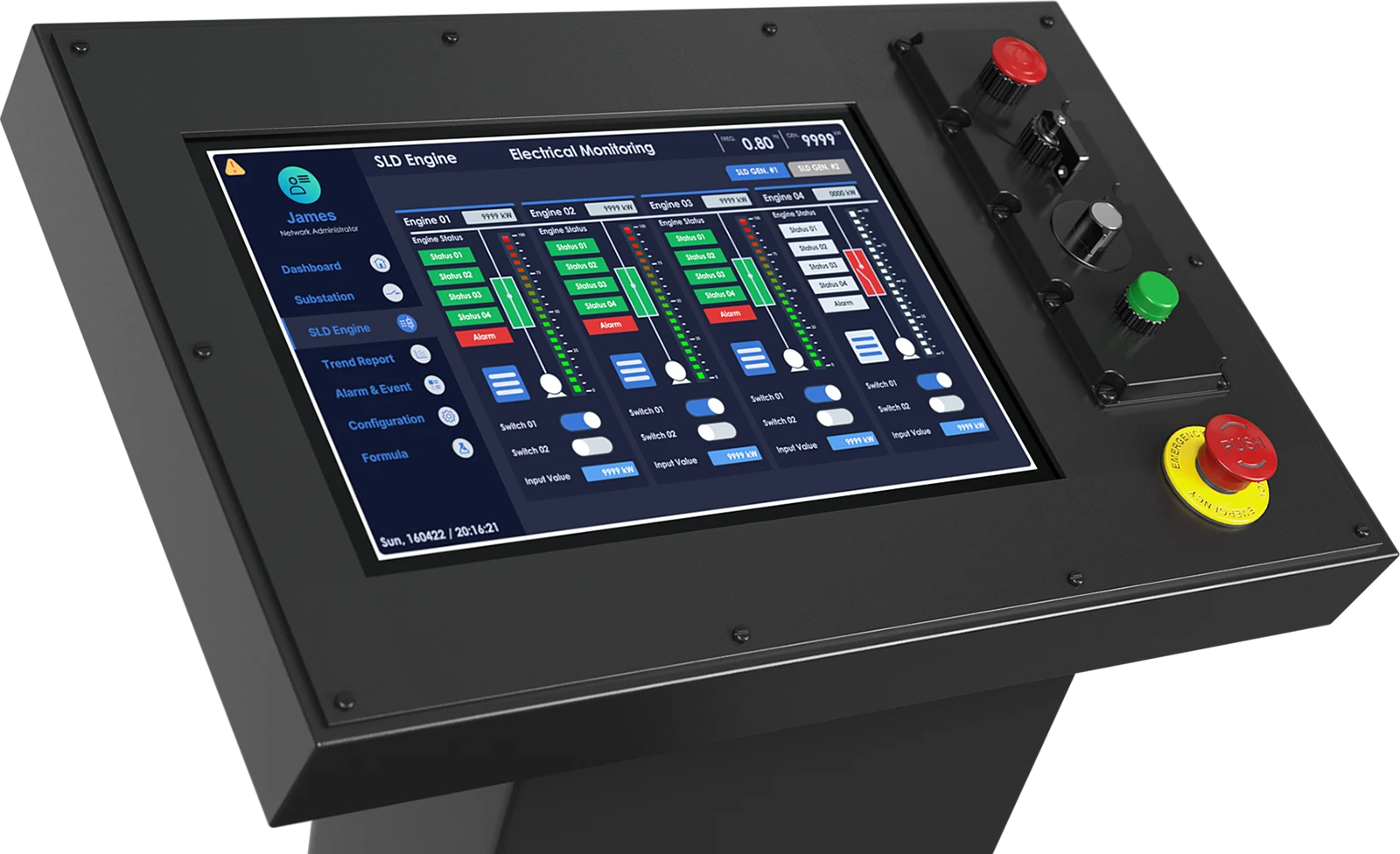 Unit embeded in a control panel behind a layer of glass.