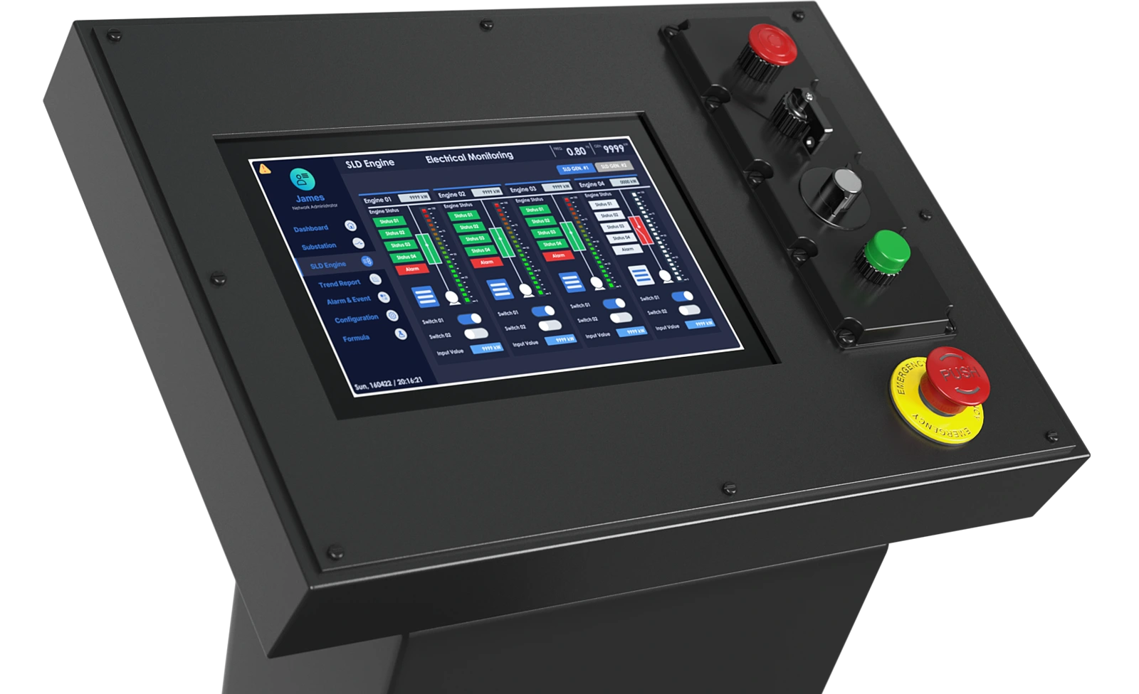 Unit embeded in a control panel behind a layer of glass.