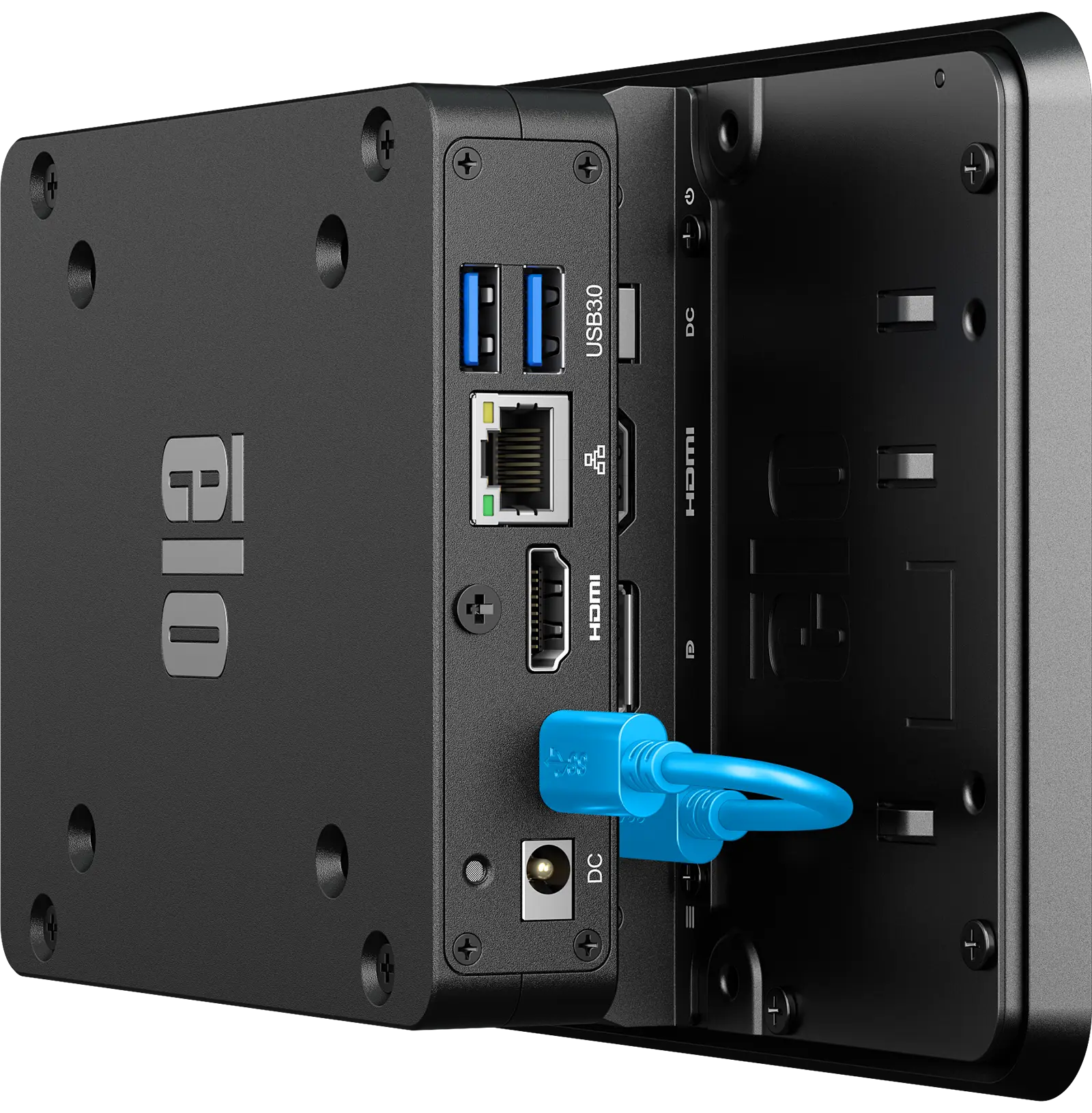 Rear photo prominently displaying and highlight an EloPOS Pack 2, affixed to the back and connected with a type c cable.