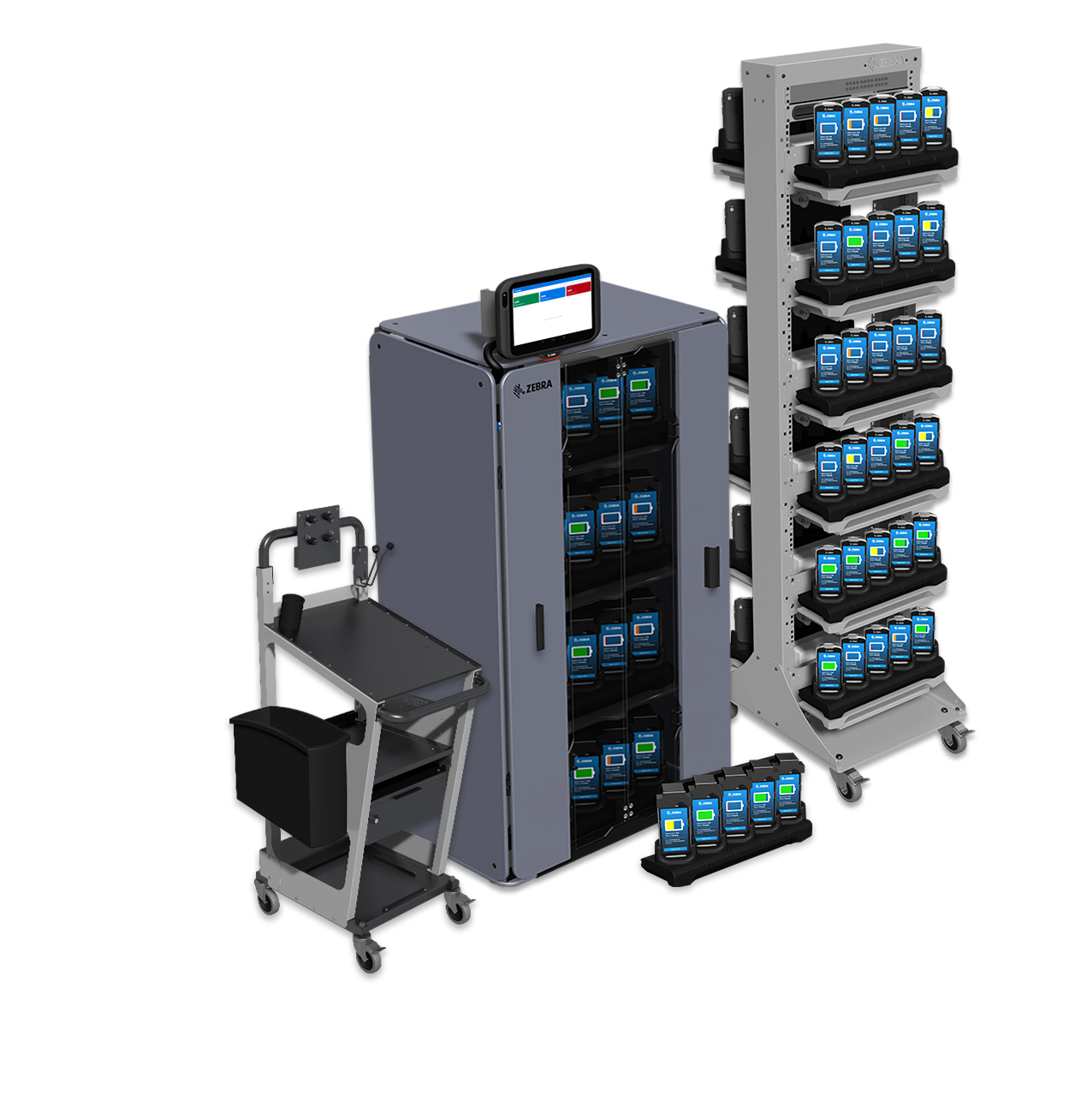 Zebra Guardian Cabinets - a closed cabinet, an open rack, and a mobile cart