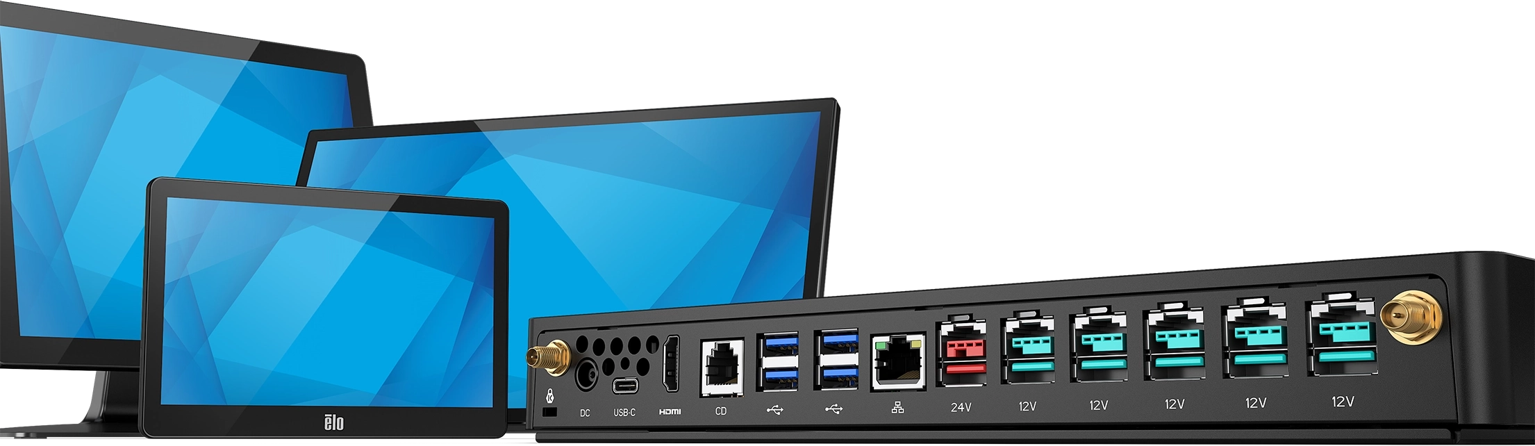 Angled photo exposing peripheral ports next to select compatible Elo displays