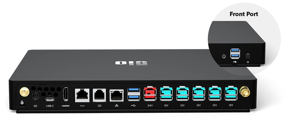 Angled photo exposing peripheral ports next to select compatible Elo displays