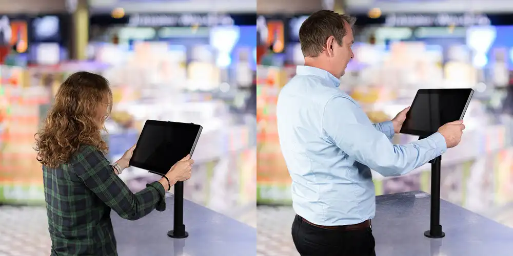 Side by side of the VESA plate extended and unextended while in use by a person.