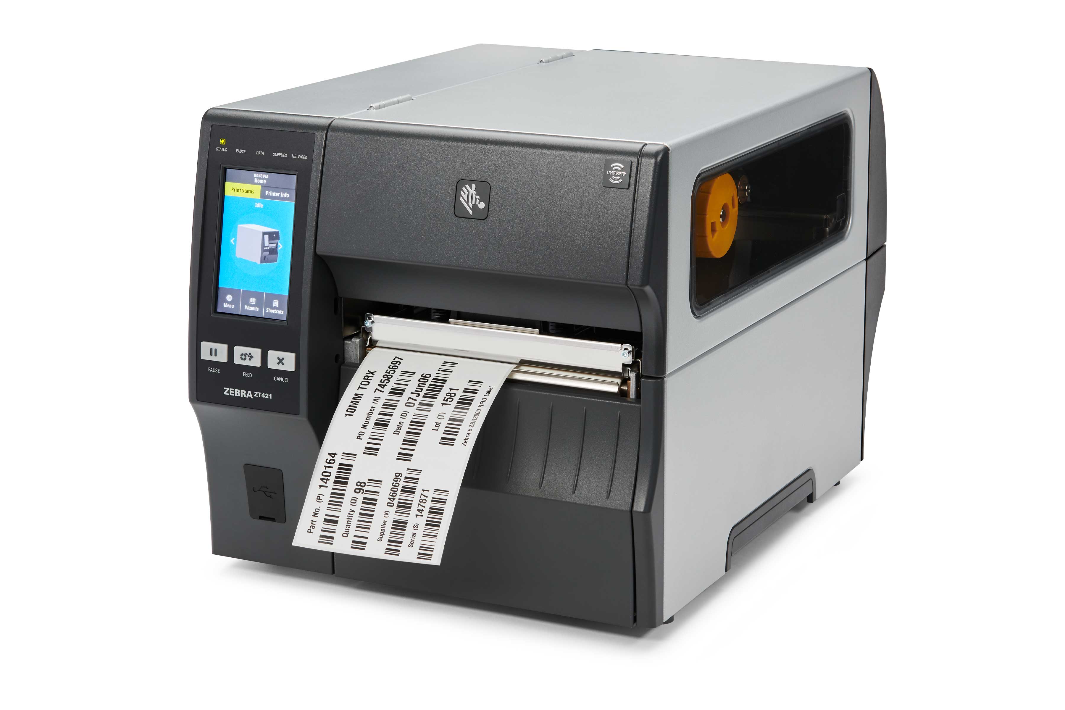 Zebra ZT421R industrial RFID printer printing a barcode label