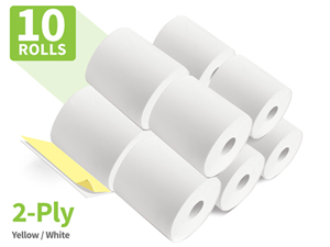 Promo 10 Pack of 3" Wide x 90' Receipt Paper. 2-Ply White/Yellow. Ground Shipping Only. One Per Customer.