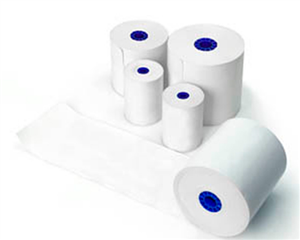 Linerless Sticky Receipt Paper, 3.1" (80mm) Wide. 170' Length. 6 Rolls/Case. Blue Core Media from Star Micronics. Non-Cancellable, Non-Returnable.